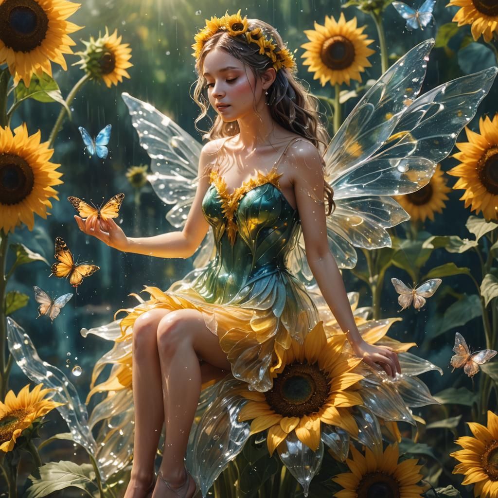 Hyperrealistic Fairy Sits on Sunflower in Vibrant Splash Art