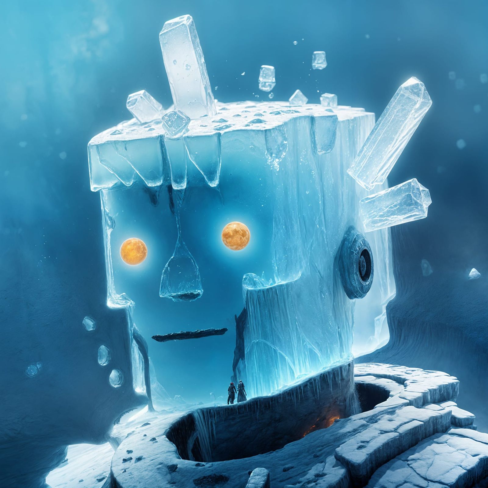 Surreal Ice Warrior Emerges from Frosty Temple