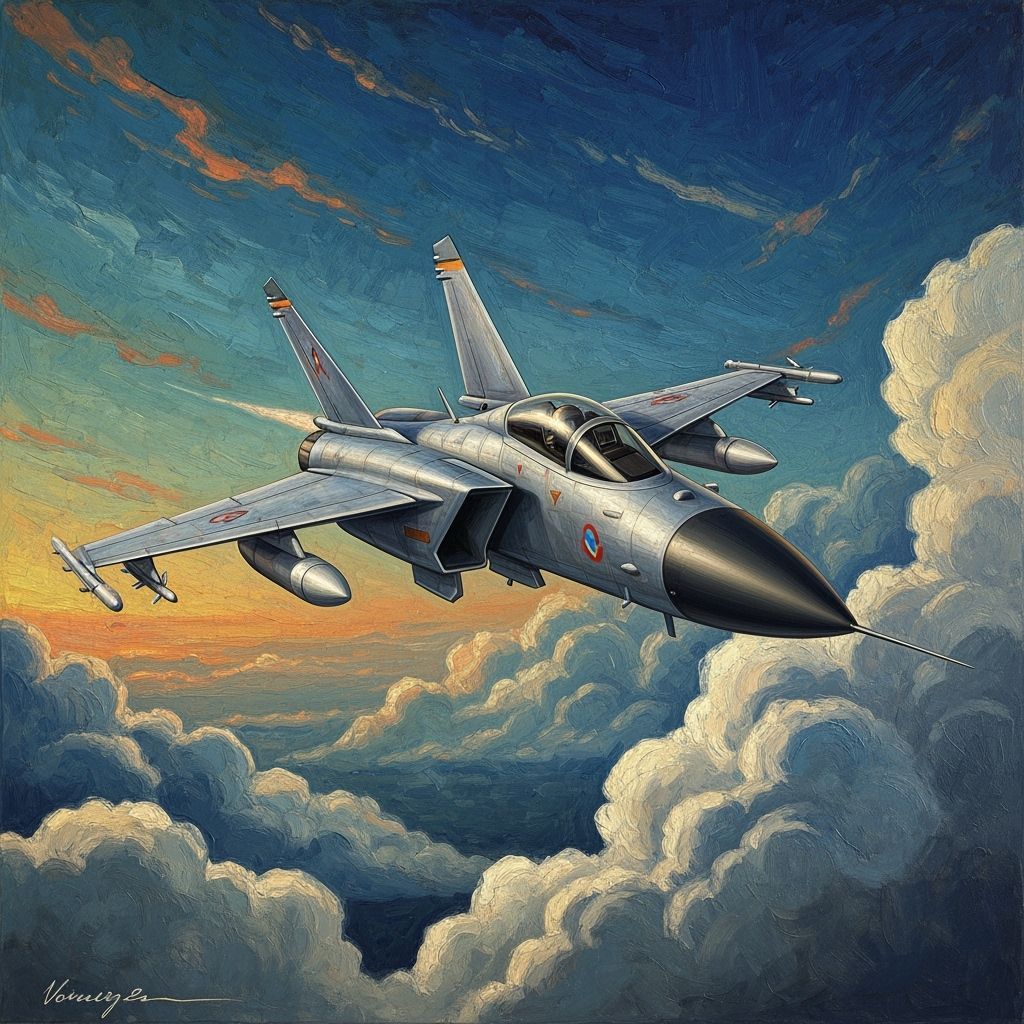 Fighter Jet Slices Through Clouds: Impasto Painting