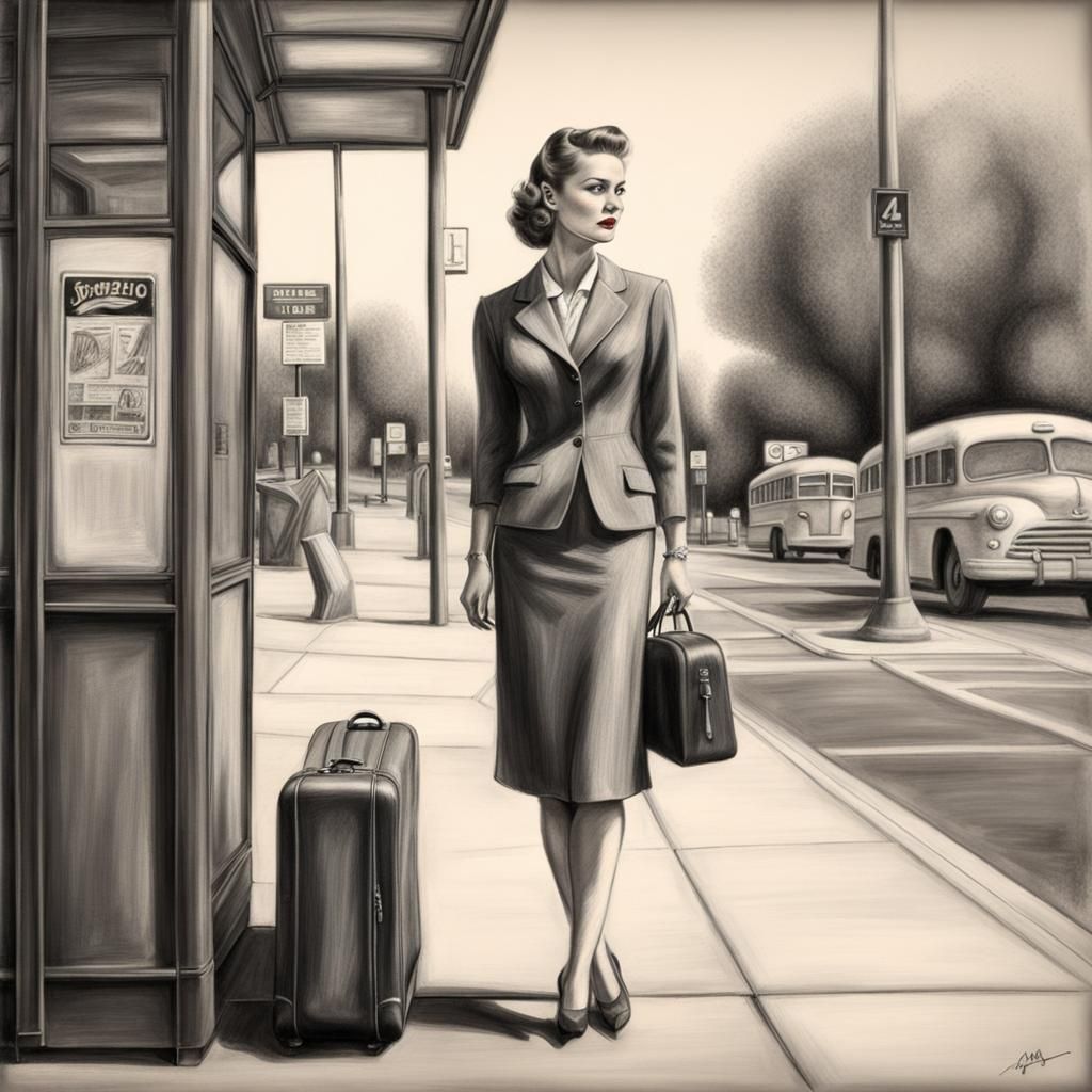 Glamorous 1950s Woman Waiting at Public Bus Stop