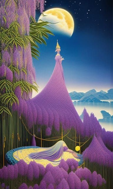 Surreal Goddess Slumbers in Enchanted Wisteria Canopy