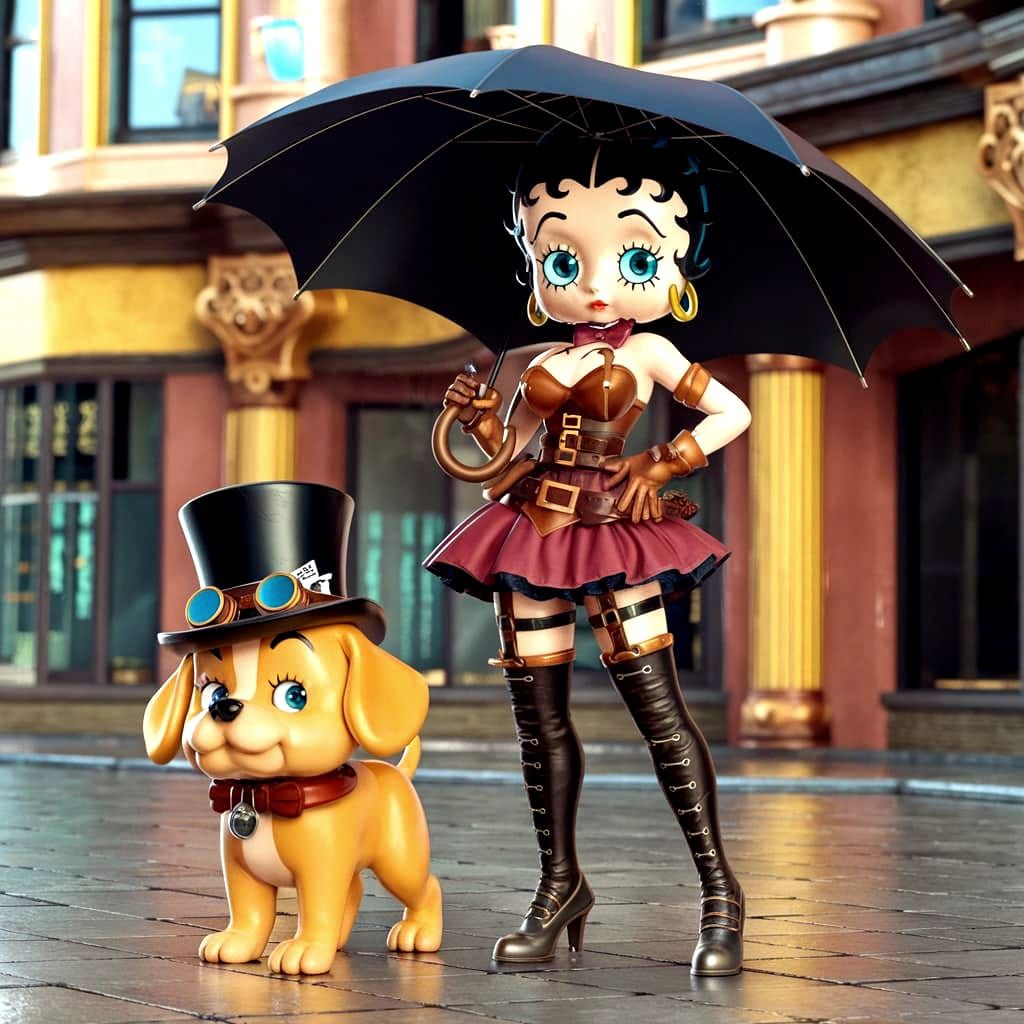 Stunning Steampunk Anime Betty Boop with Loyal Dog in Victor...