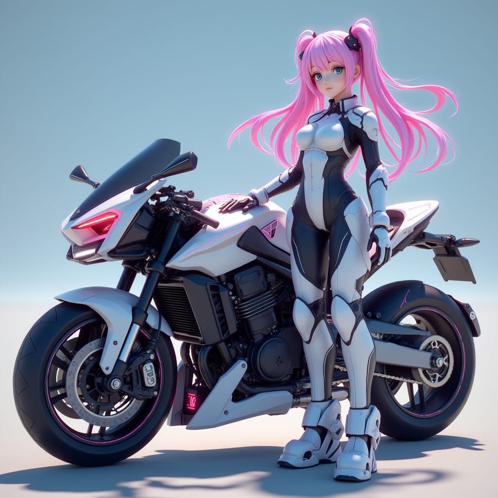 Cyberpunk Girl With Futuristic Motorbike