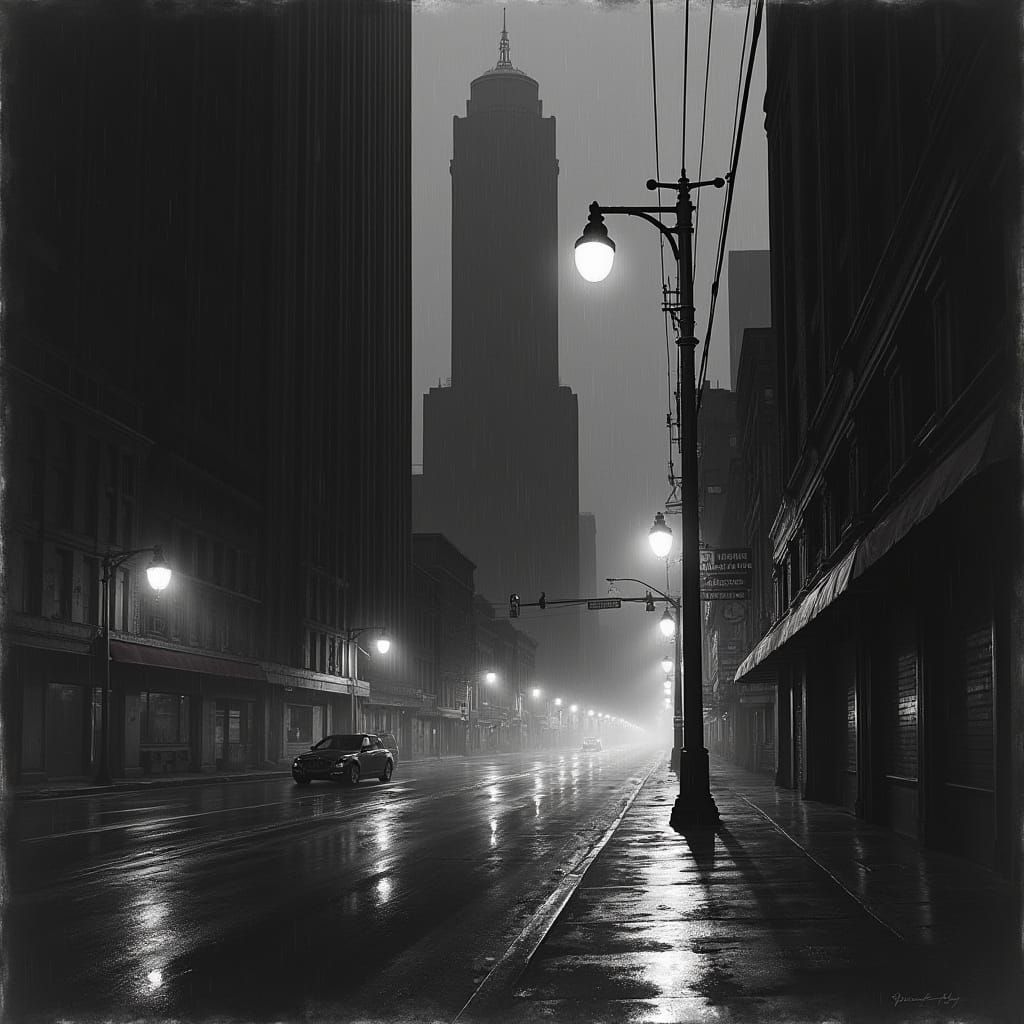 Film Noir Los Angeles Streetscape by Hyperdetailed Charcoal