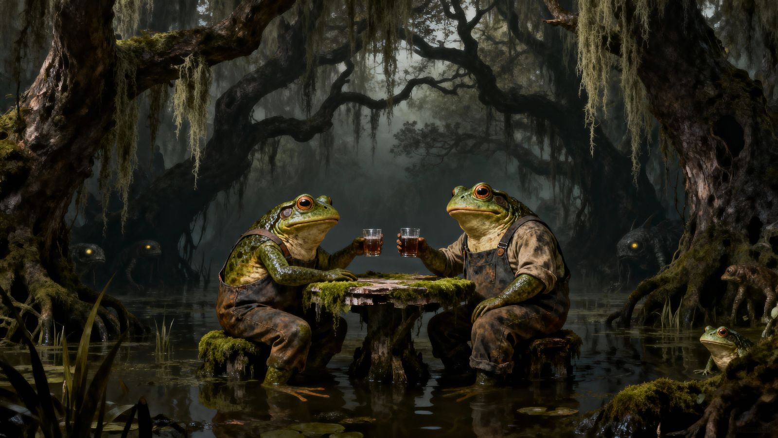 Frogs Enjoying Drinks in a Dark Fantasy Swamp
