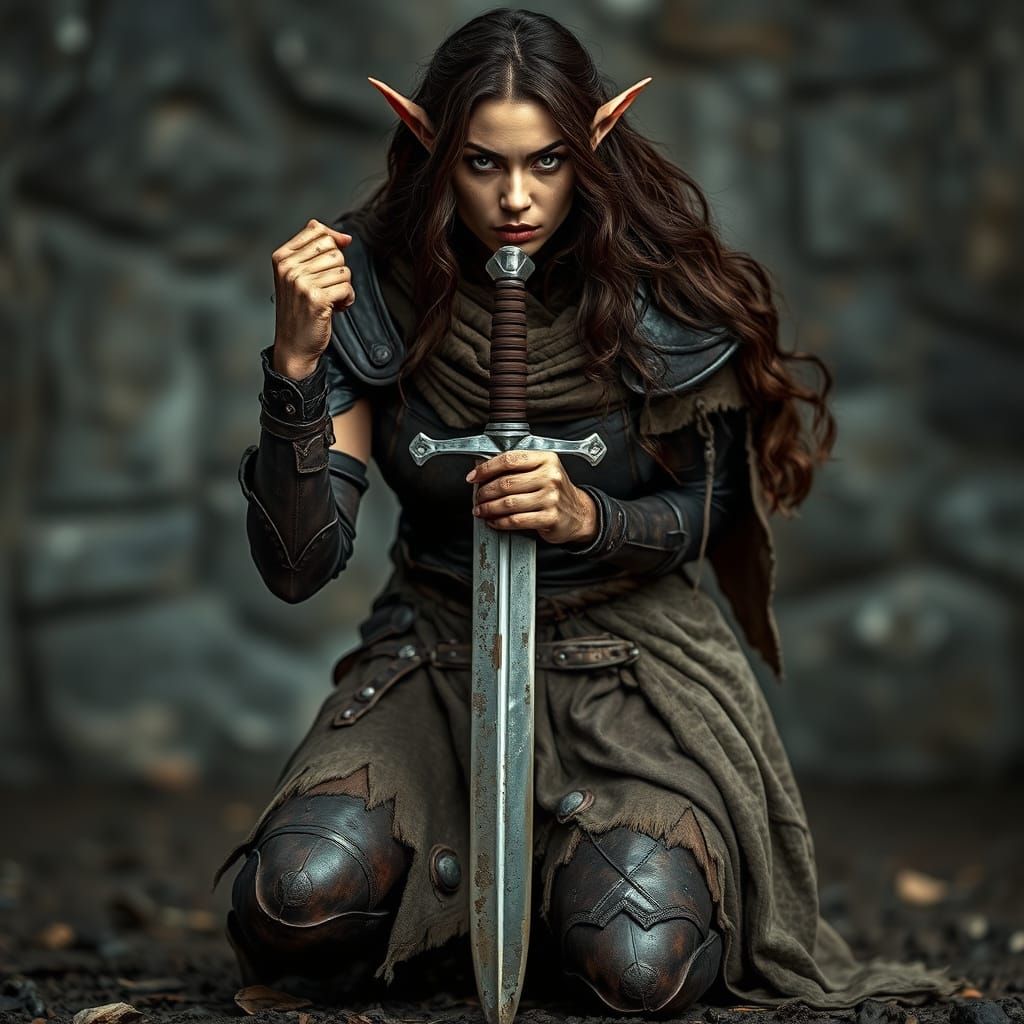 Fantasy Female Warrior in Leather Armor and Tattered Garb