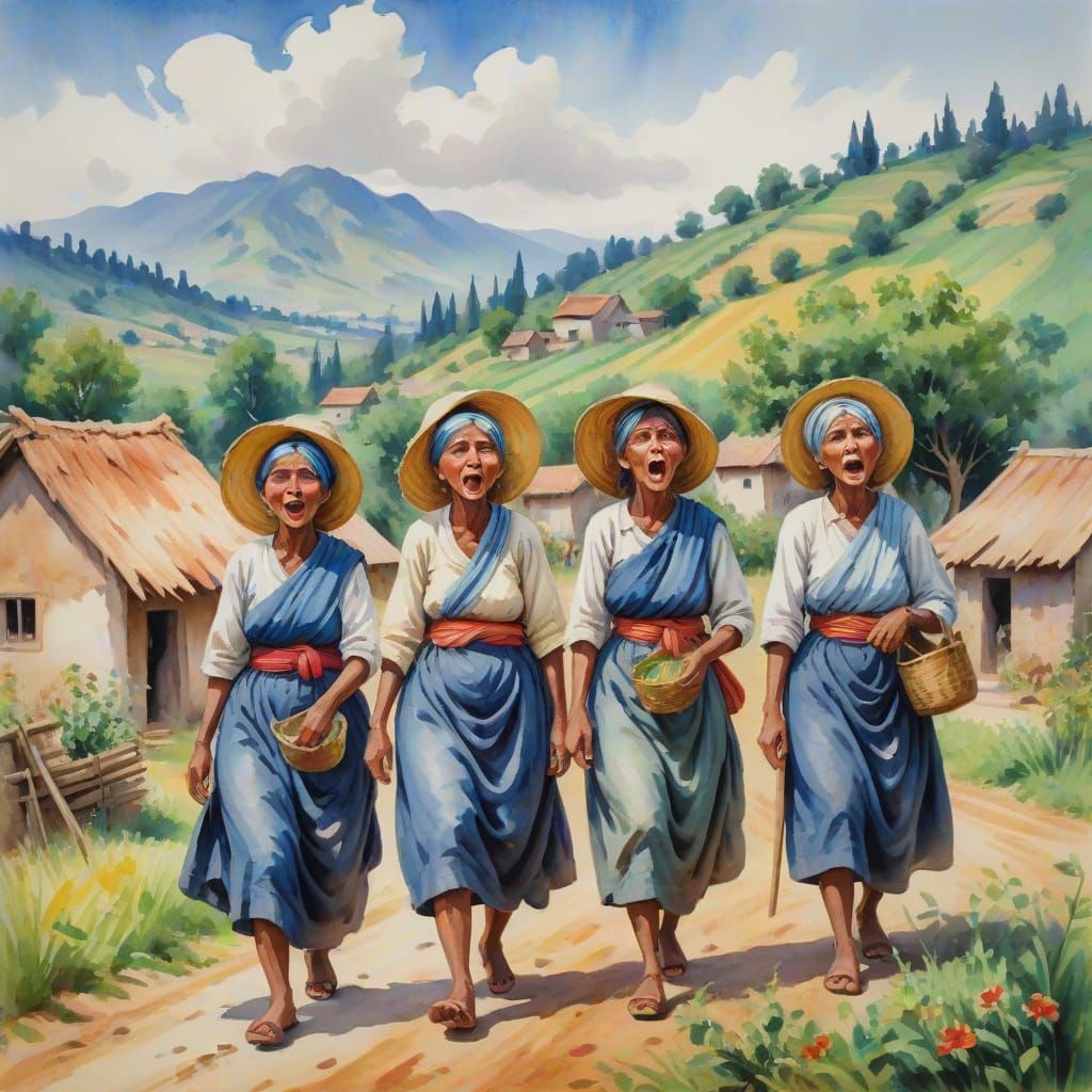 Village Women in Gouache Style