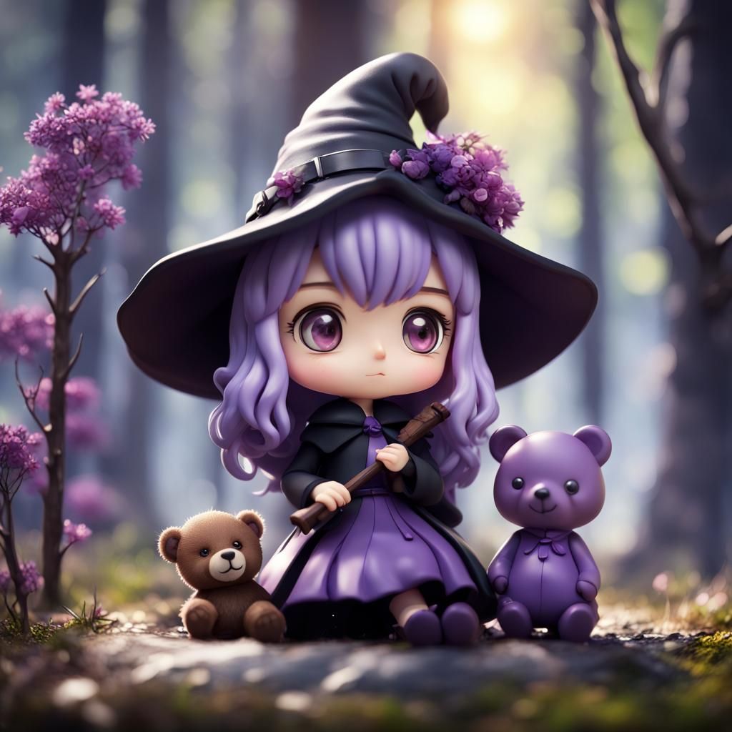 Little Purple Witch Girl Enchants with Majestic Bear in Whim...