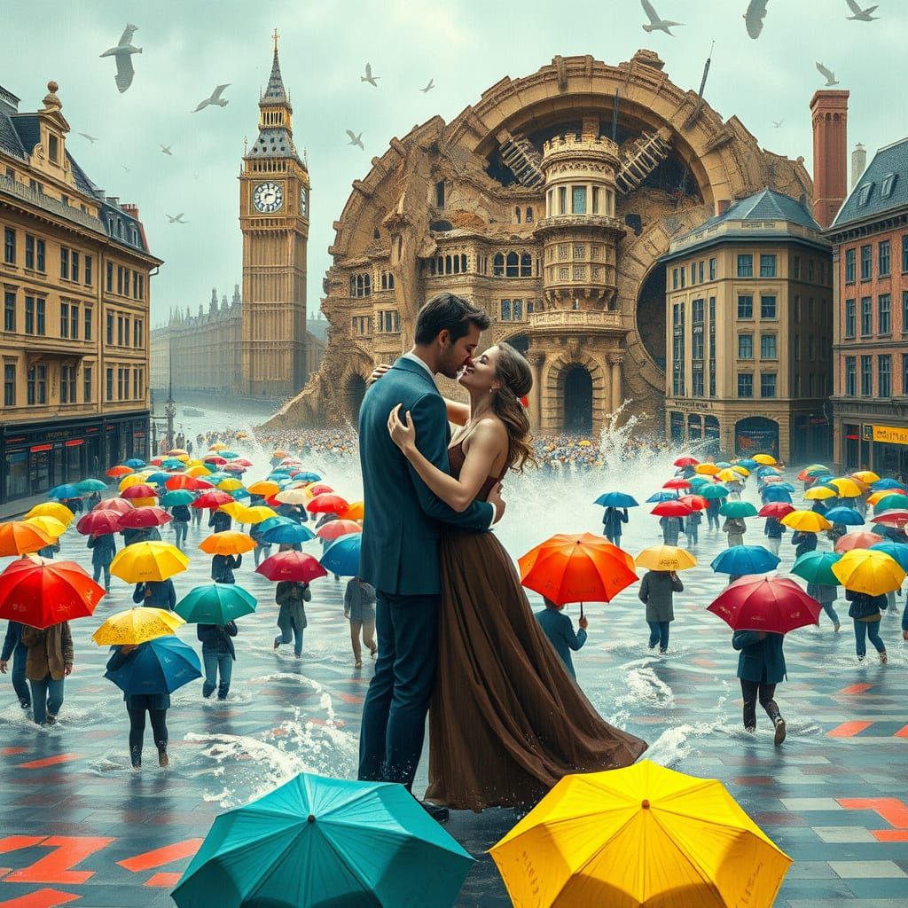 London Earthquake: Lovers Embrace in Dystopian Chaos
