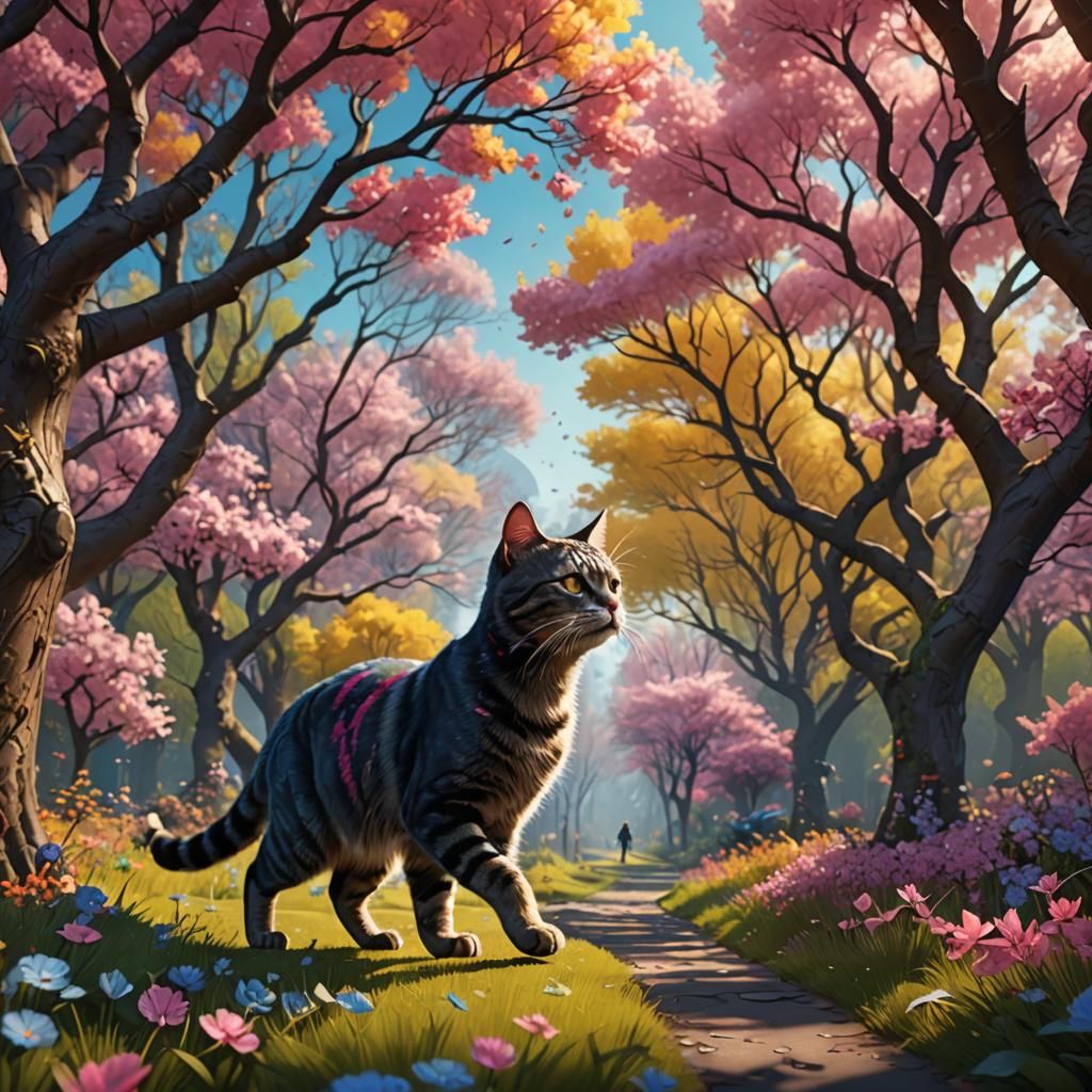 Cat Strolls Through Fantastical Spring Trees in Dazzling Col...