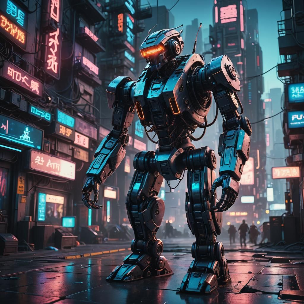 Cyberpunk Robot Standoff in Futuristic Cityscape