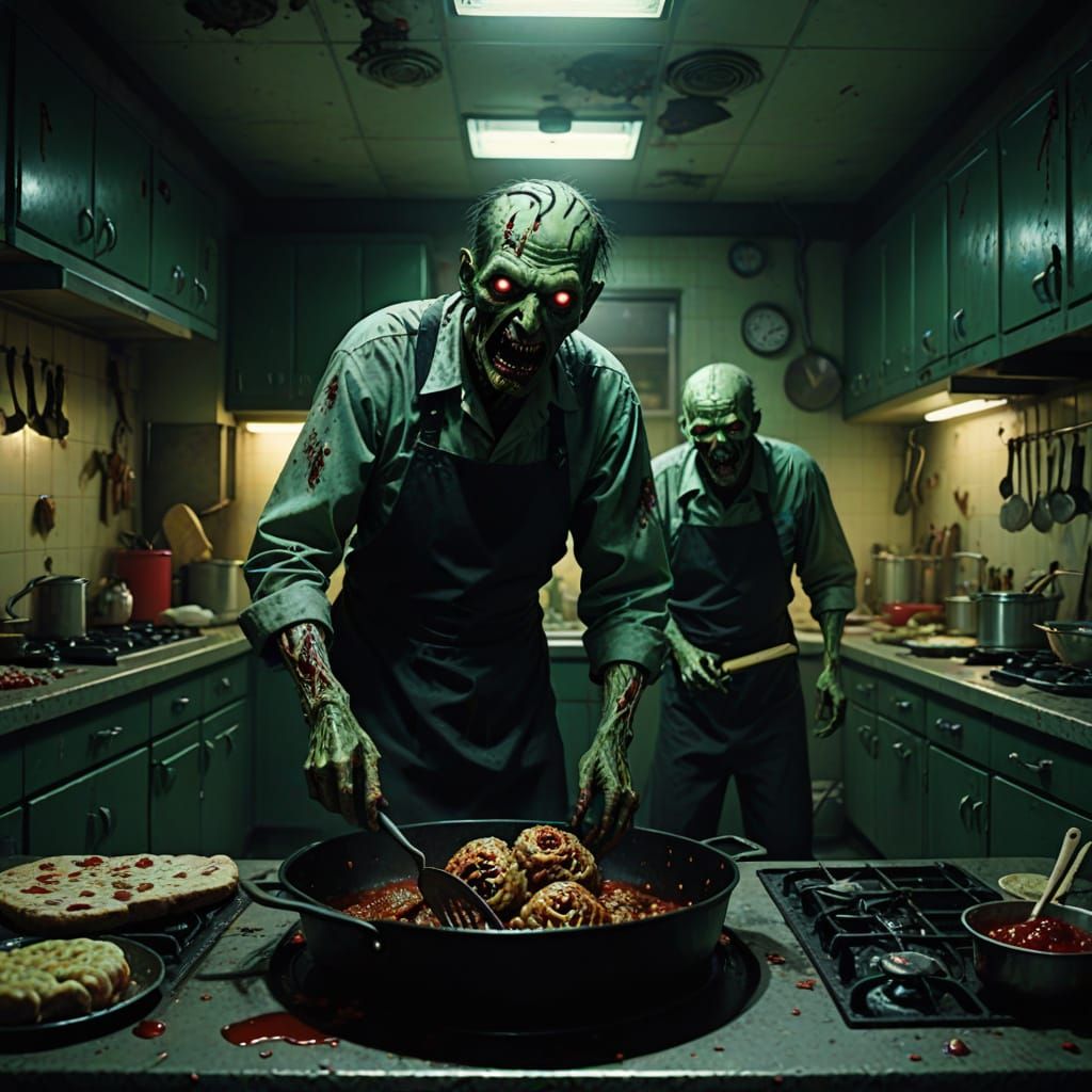 Surreal Zombies Frying Brains in Haunted Kitchen