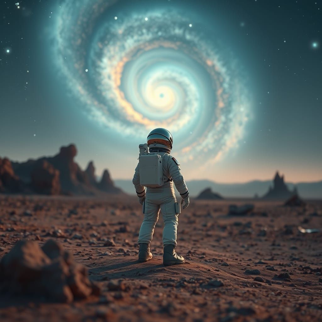 Astronaut on Alien Planet Gazing at Nebula
