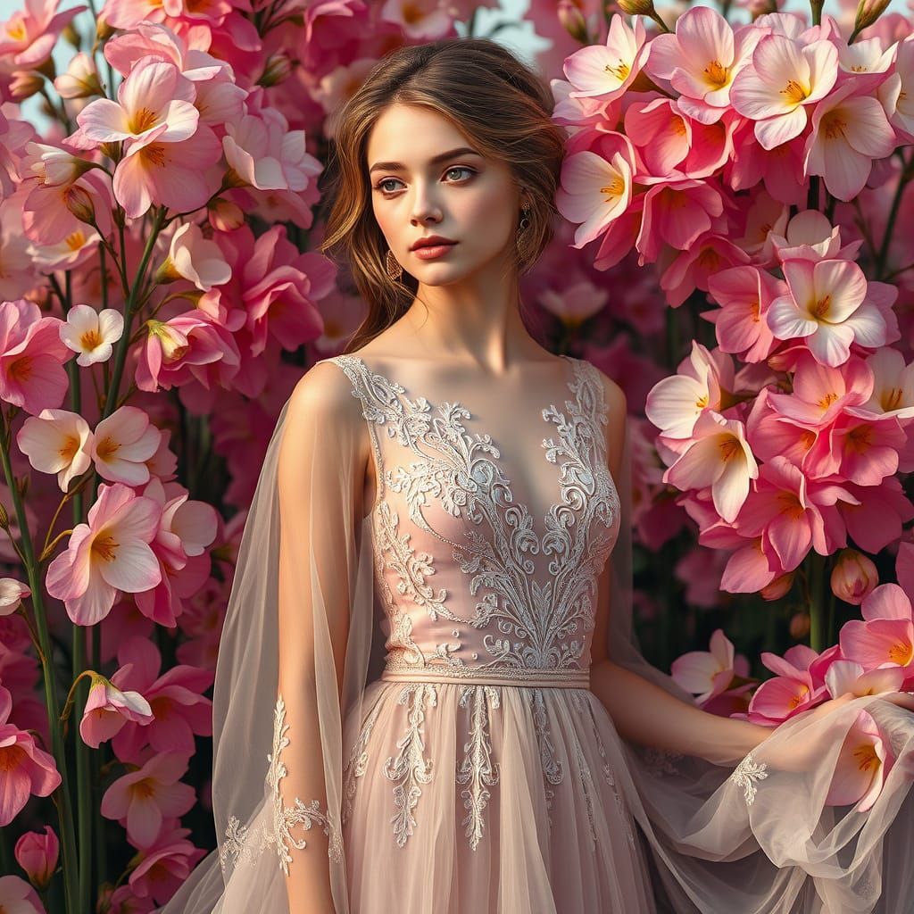 Charming Woman in Flowing Gown Amidst Blooming Flowers
