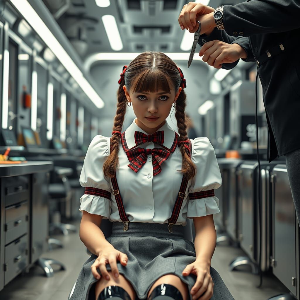 Girl in Futuristic Hair Salon with Tears