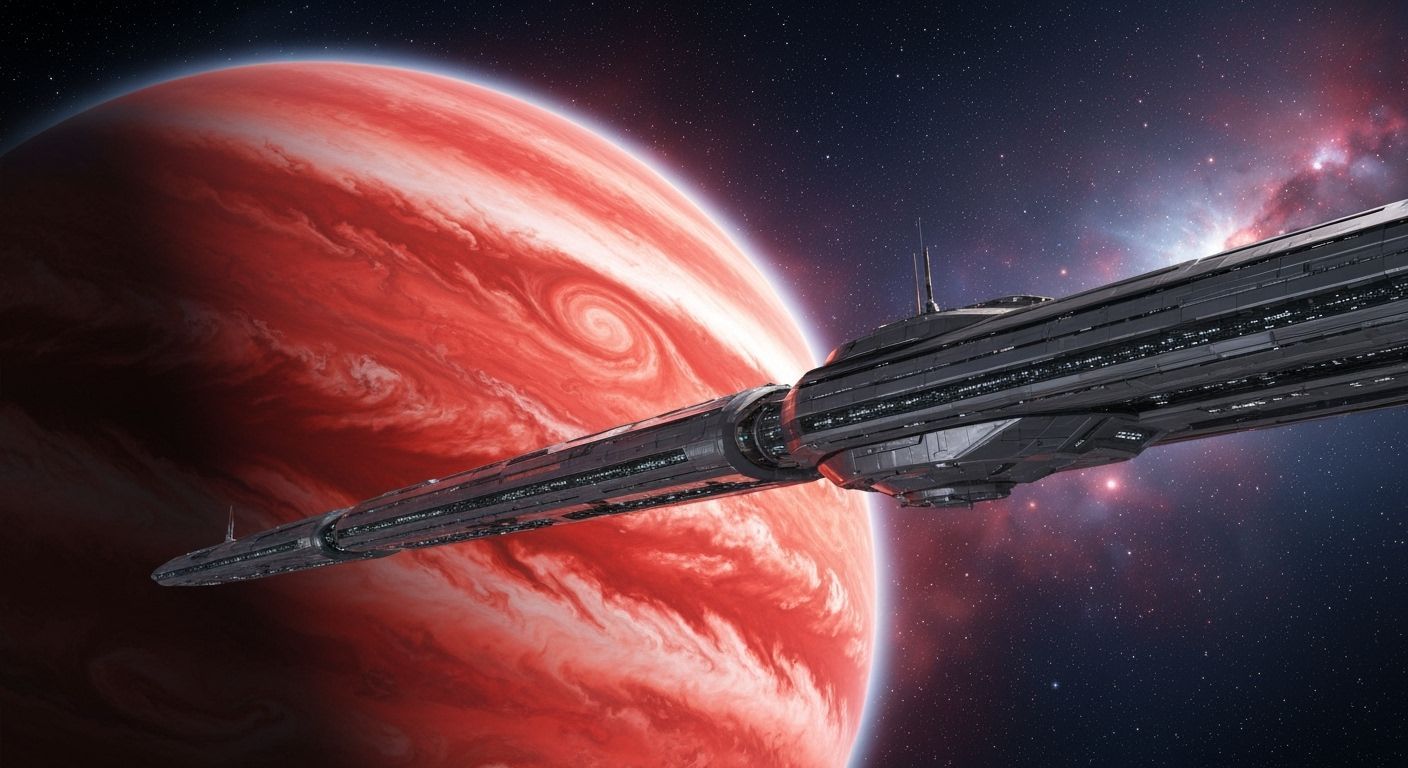 Futuristic Space Station Orbiting a Red Gas Giant