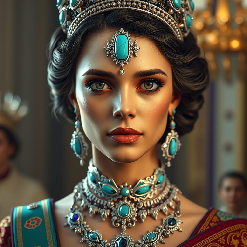 Young Queen with Turquoise Jewels, Hyperdetailed Portrait
