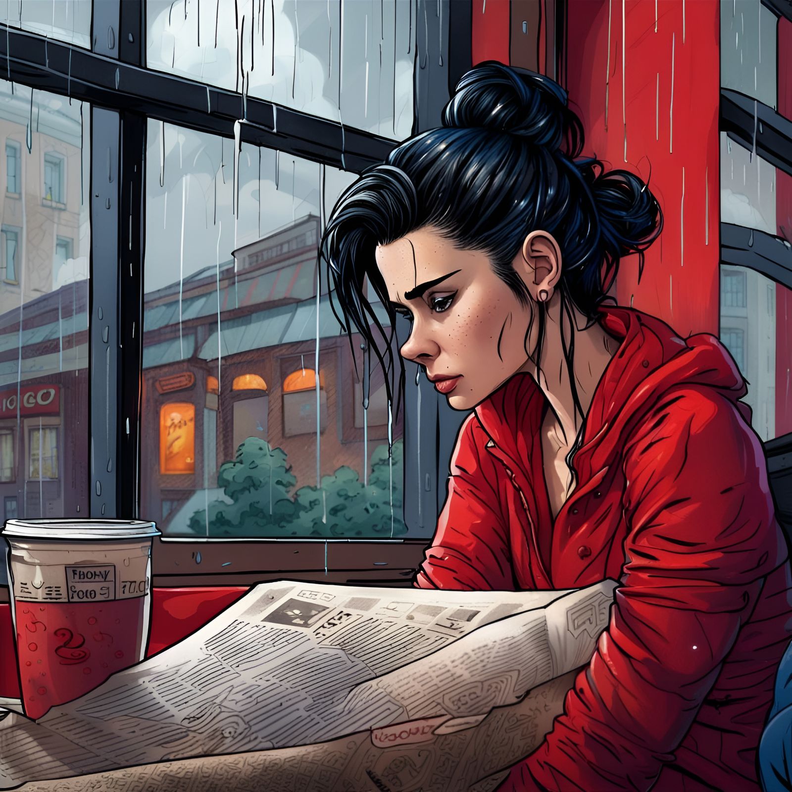 Moebius-Inspired Woman Seeks Solace in Rainy Cafe Moment
