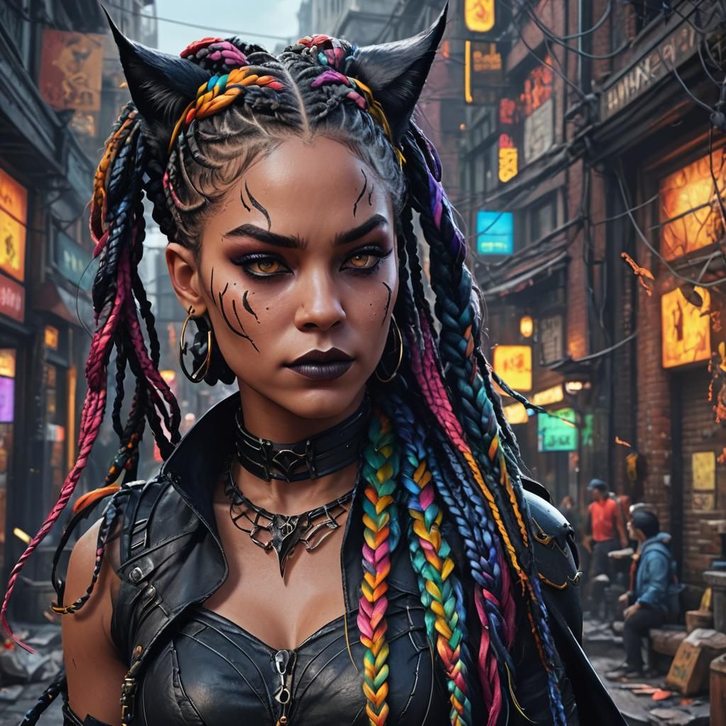 Demon Cat Woman in Vibrant Braids