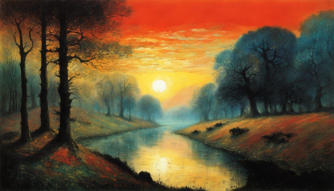 Mysterious Dusk Landscape with Ancient Oak Trees and a Seren...