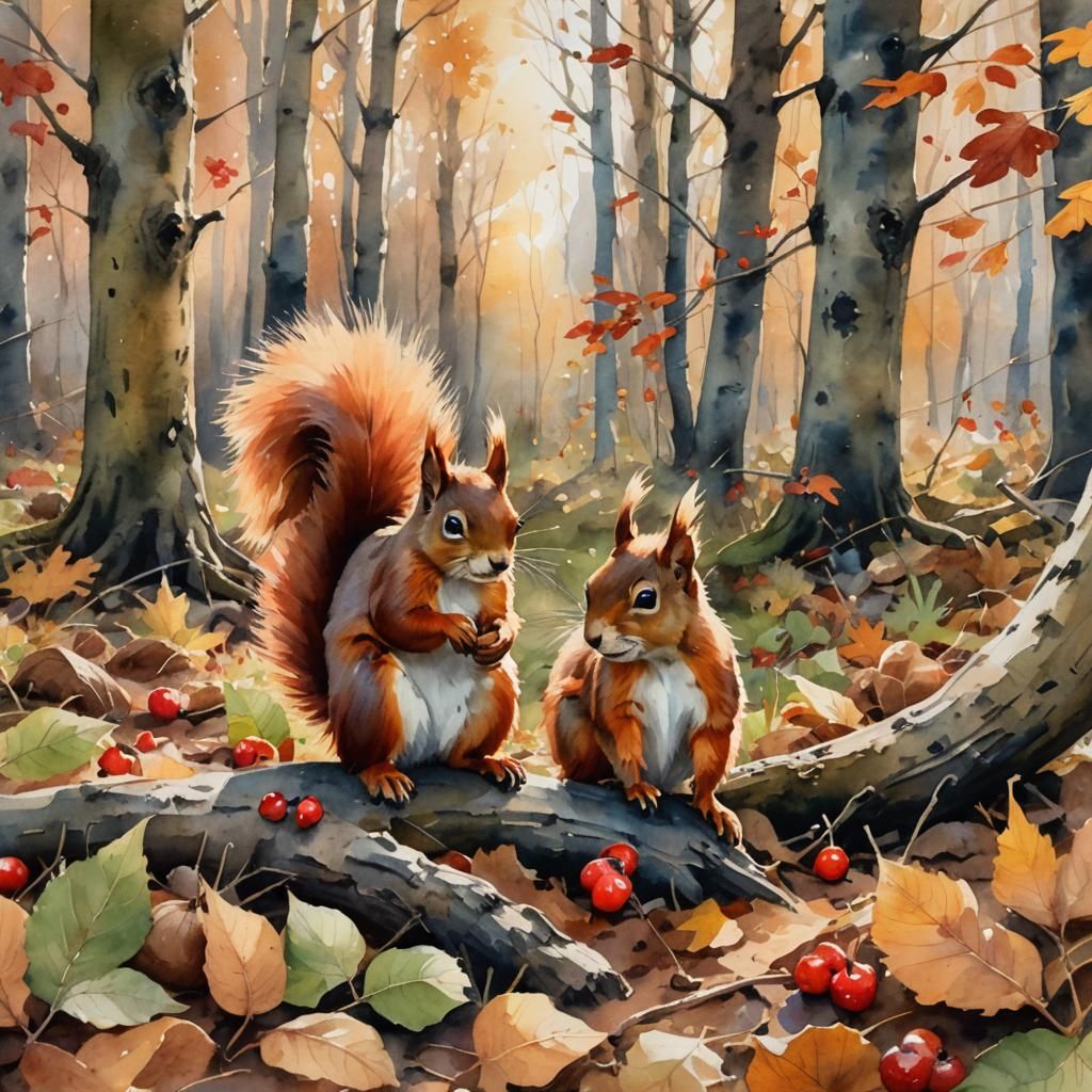 Watercolor Wildlife Art of a Red Squirrel in Autumn Forest
