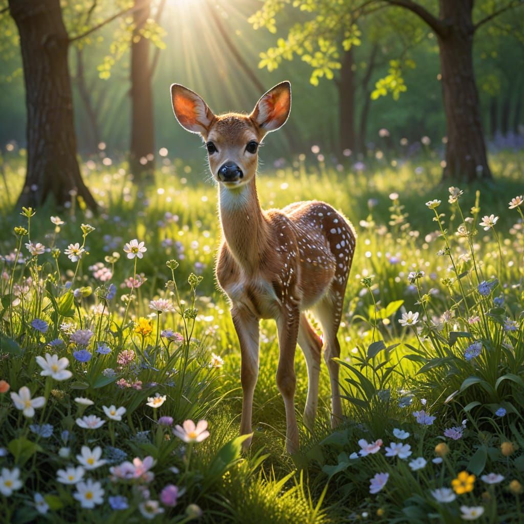 Pastel Wildflowers and Fawn in Spring Meadow