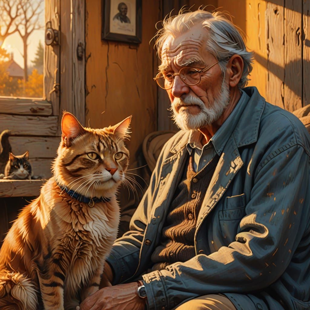 old man, with cat