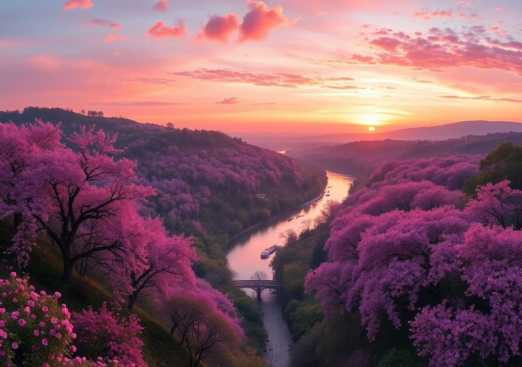 Whimsical Pink Paradise Landscape in Impressionist Style