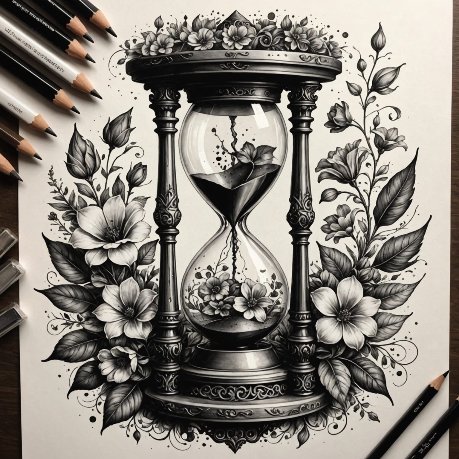 Monochrome Hourglass with Vibrant 3D Flowers