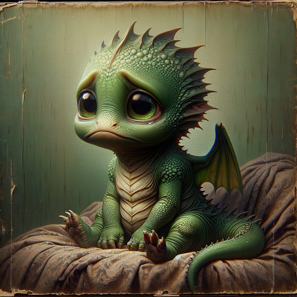 Surreal Green Baby Dragon Conveys Moody Distress