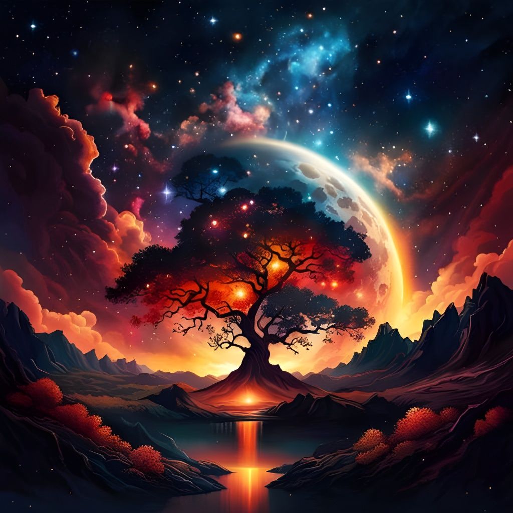 Ethereal Cosmic Tree on a Starry Nebula