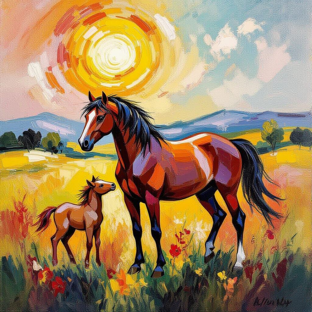 Abstract Expressionist Oil Painting of Foal Birth in Meadow