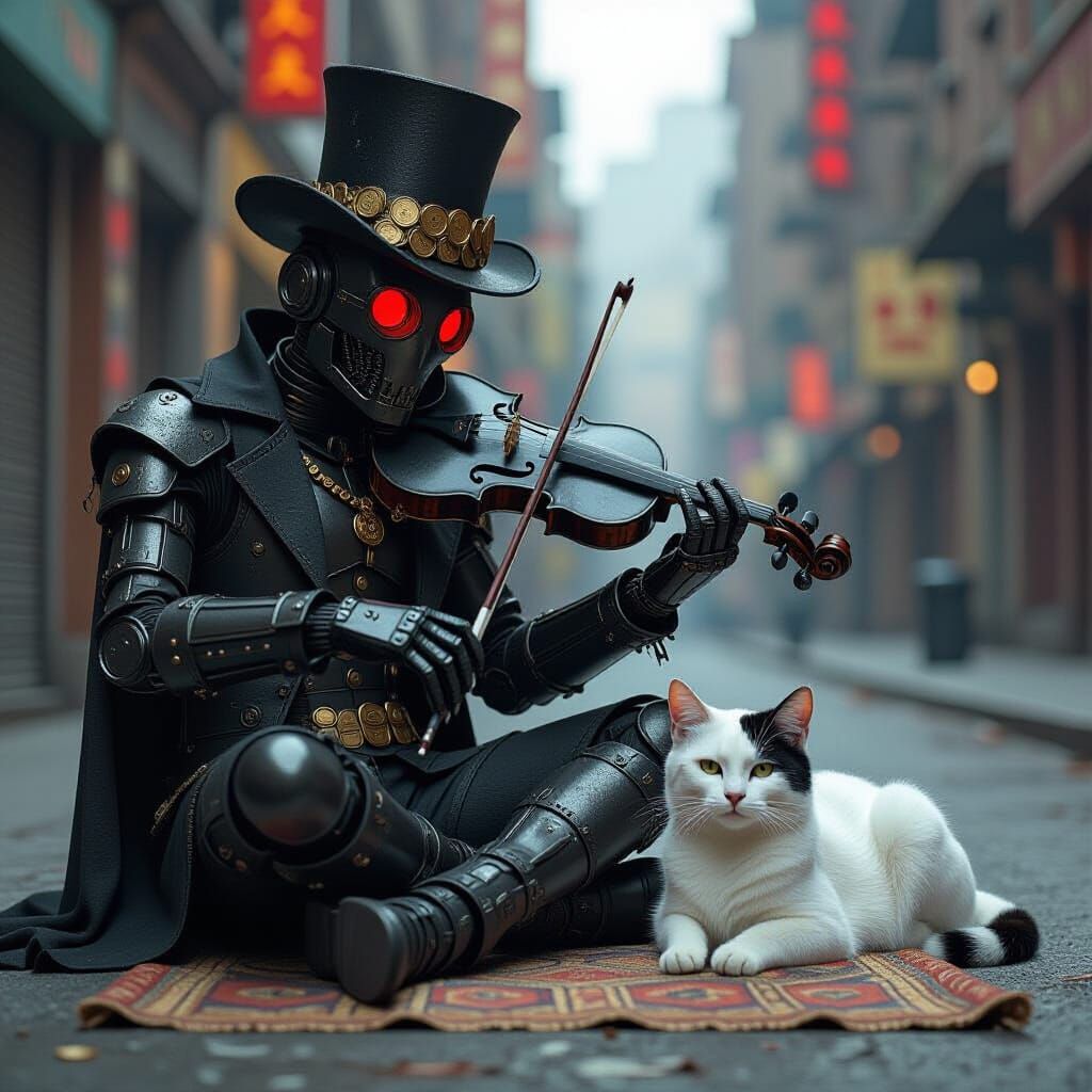 Cyberpunk Robot Busker with Cat in Cityscape