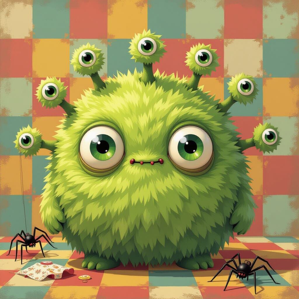Whimsical Monster with Magical Eyes and Spider Sewing Doll
