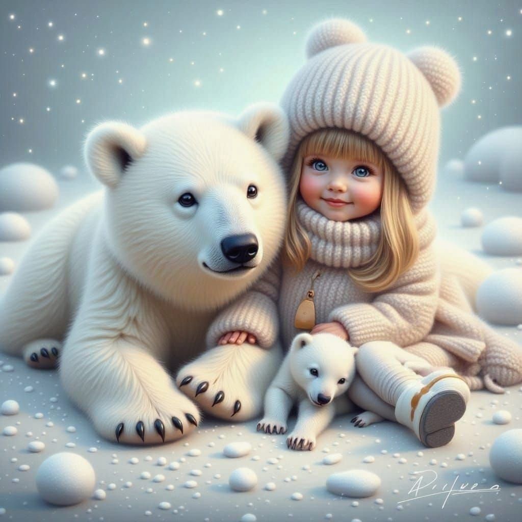 A Little Girl and Her Polar Bear Friend in a Hyper-Realistic...