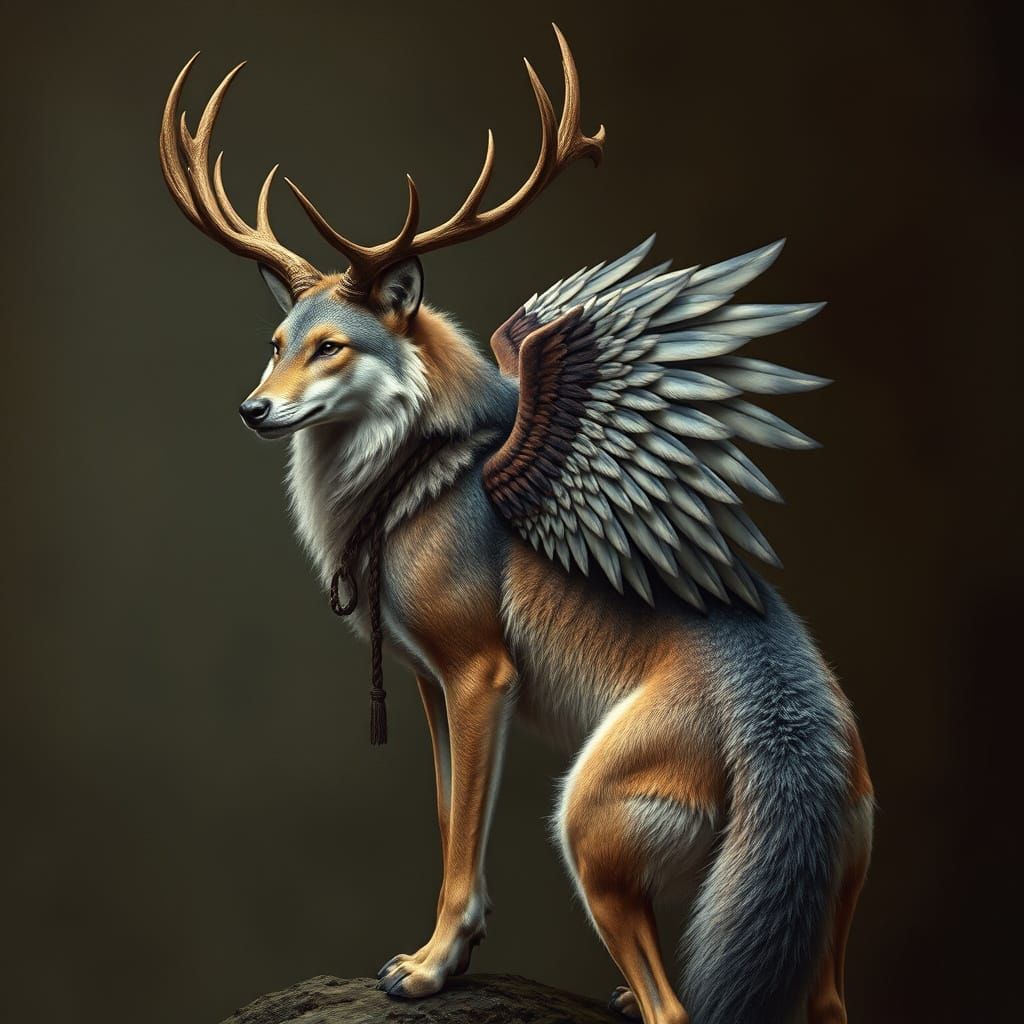 Wolf with Deer Antlers and Wings, Fierce Female Companion