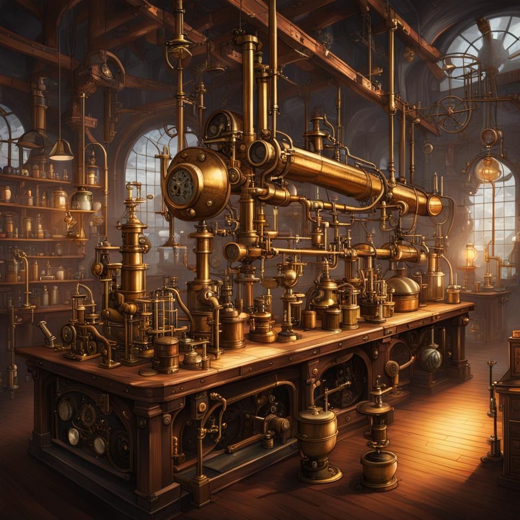 Steampunk Scientists Craft In Brass Machinery Laboratory