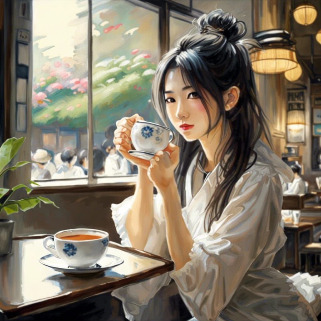 Elegant Japanese Woman Sips Tea in Modern Cafe Atmosphere