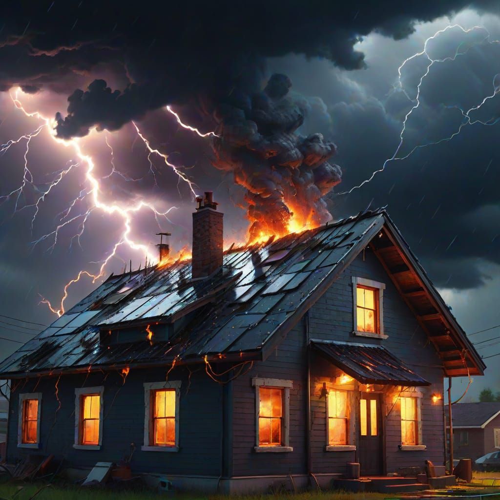 Hyperrealistic Lightning Strikes House: Digital Art