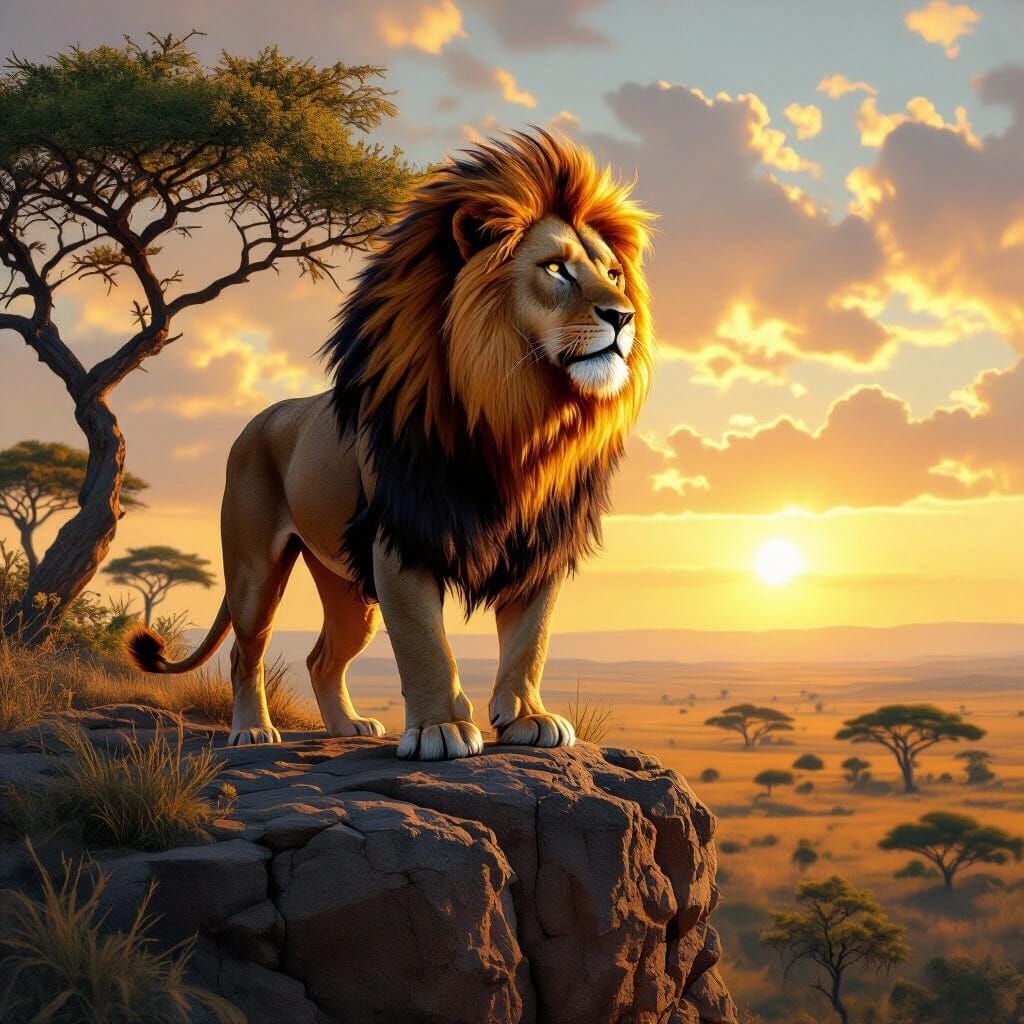 Lion with Fiery Mane Overlooking Savanna