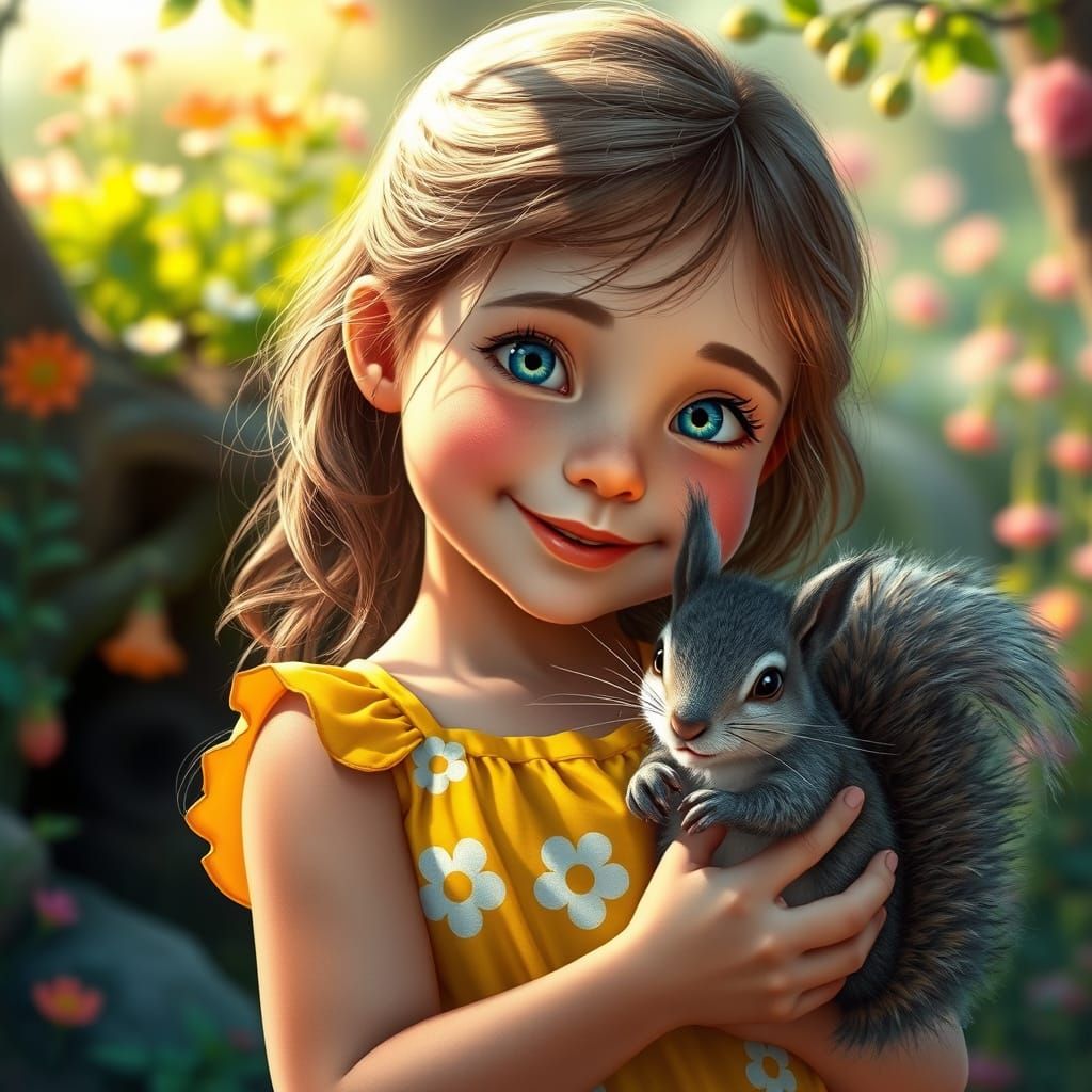Whimsical Girl and Squirrel in Hyperrealistic Style