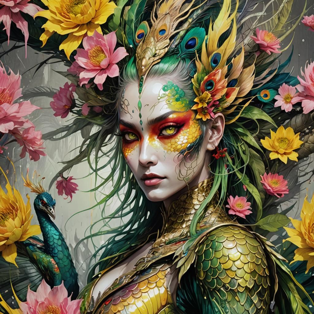 Glowing Dragon Lady in Vibrant Fantasy Landscape