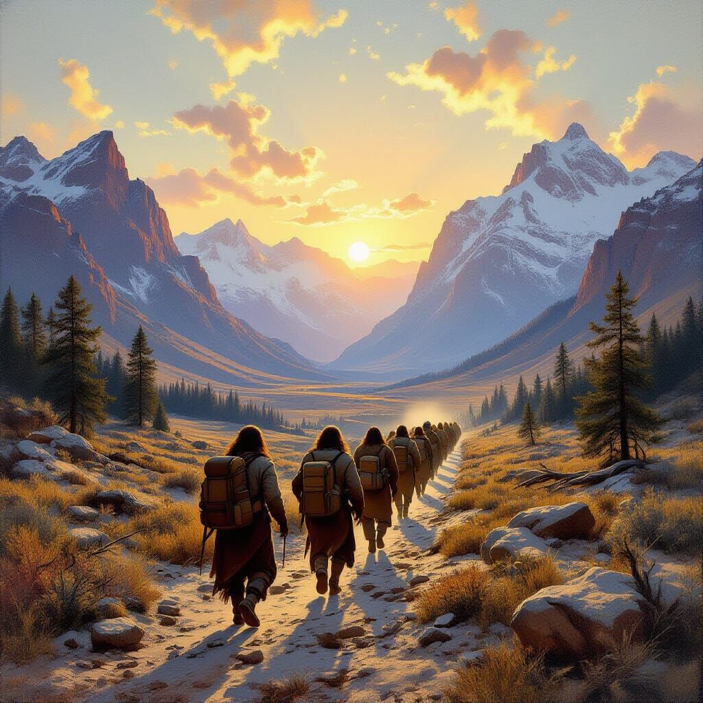 Early Humans Migrate Across Epic Landscapes in Oil Painting