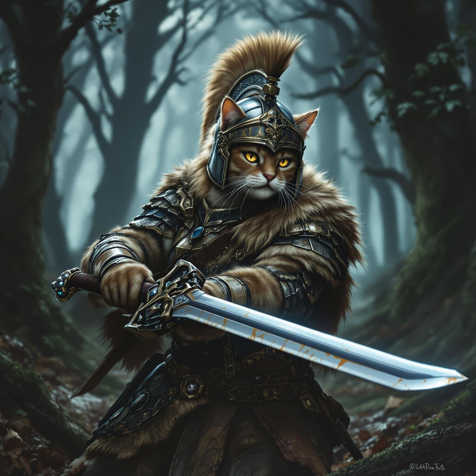 Pallas Cat Warrior in Dark Forest