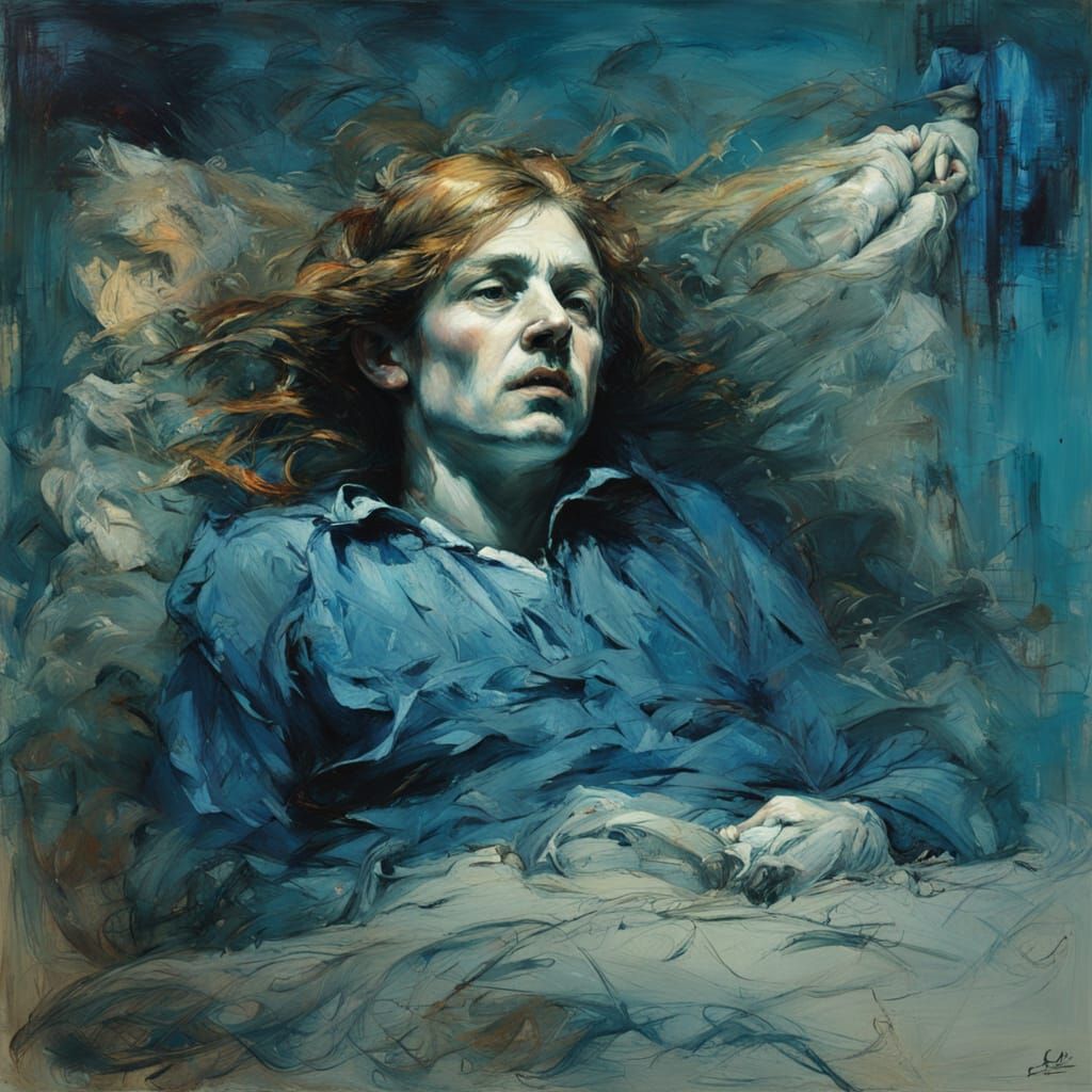 Poet in Blue Bedchamber: Velvet Tonalist Painting