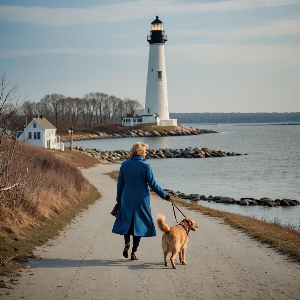 Matronly Woman Strolls Chesapeake Shore with Loyal Companion