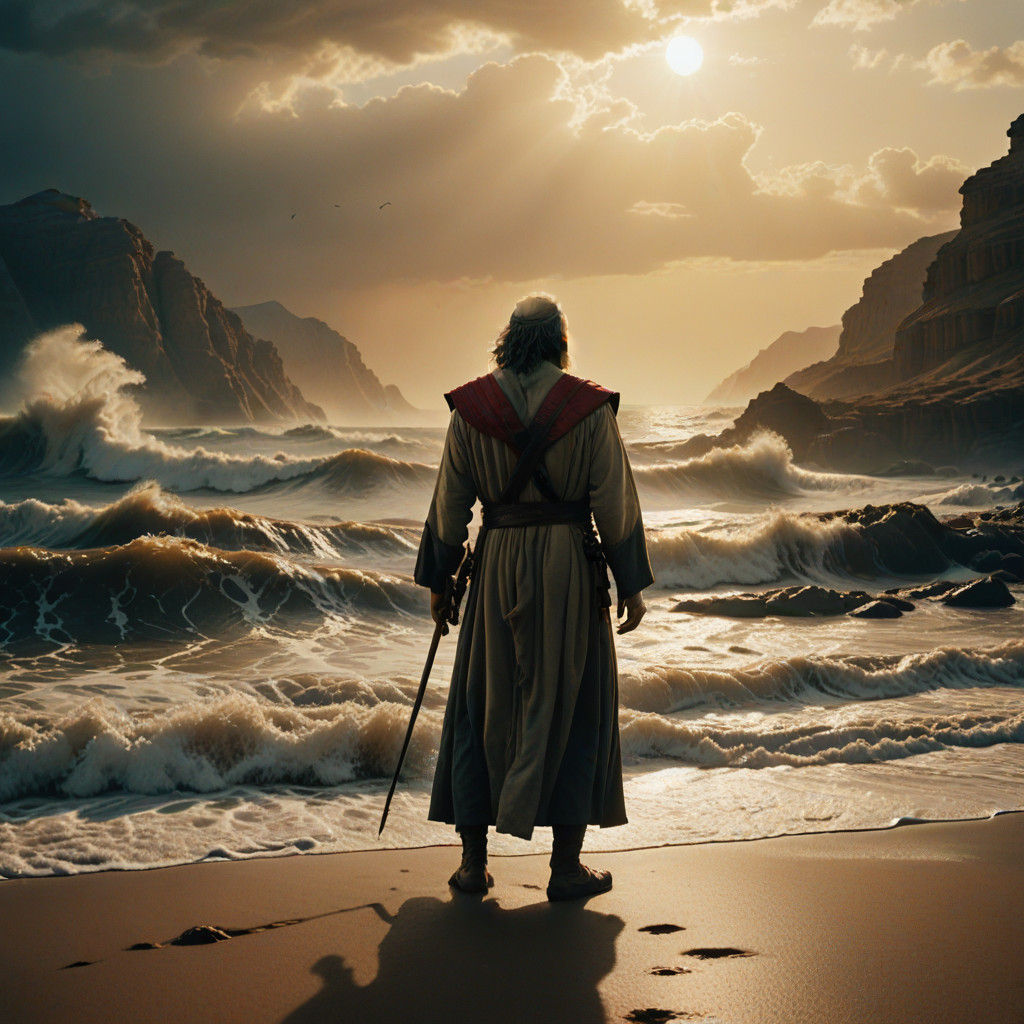 Stunning Cinematic Moment: Moses Parting the Red Sea in Gold...