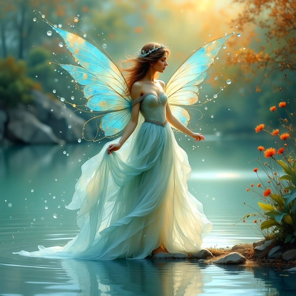 Art Nouveau Fairy with Iridescent Wings by Lake