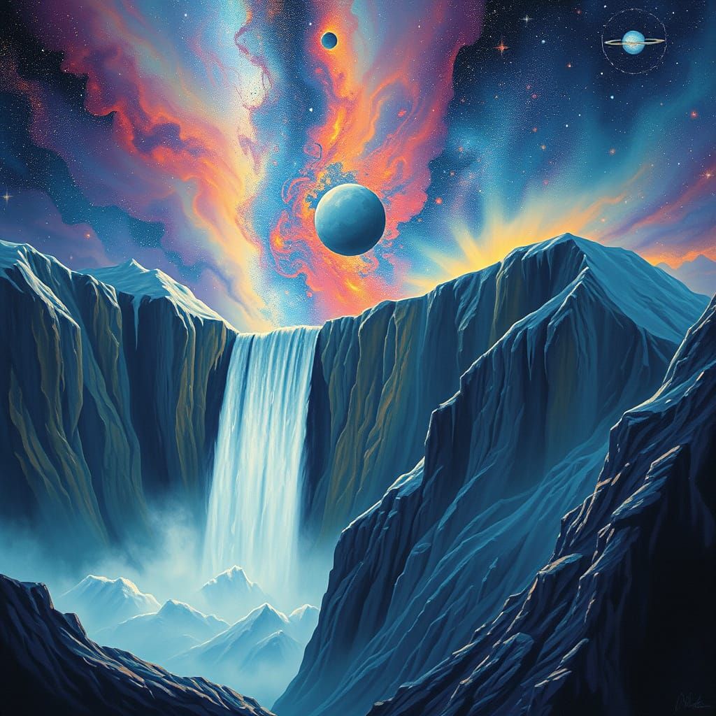 Cosmic Waterfall Between Ice Mountains in Space