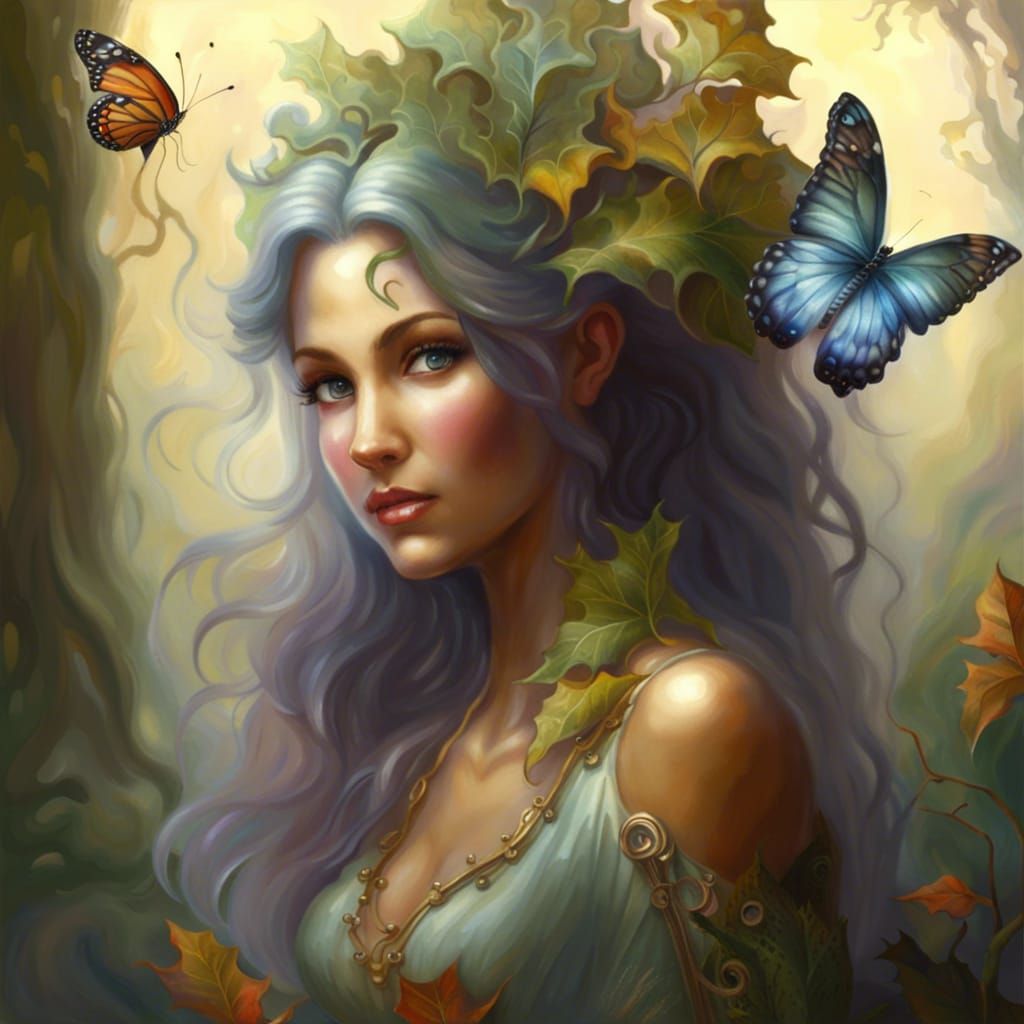 Ethereal Plant Goddess Plays with Butterfly in Vibrant Autum...